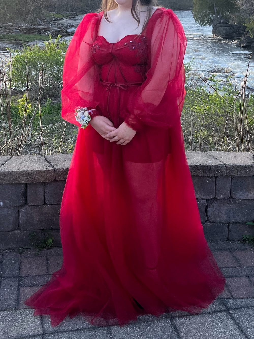 Red Tulle Prom Dress with Sheer Puff Sleeves